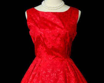 Vintage 60s Red Party Dress Bust 34 Waist 26 Pin Up Dress Full Skirt Audrey Style Dress Pin Up Dress Hollywood Dress Jacquard