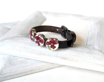 SALE bracelet for gift Leather bracelet Brown bracelet for her Real red flowers bracelet for women gift wife Beaded bracelet for girlfriend