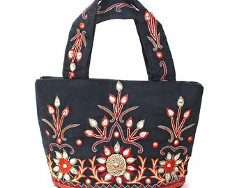 Vintage Black Silk Embroidered Purse Handbag by Moyna