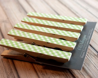 Green Gingham Clothespin Magnets, Set of 5