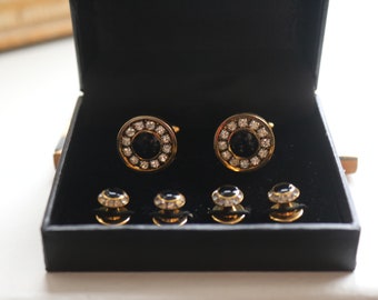 Crystal Cufflinks and shirt studs gold Finish, Black Onyx Clear Swarovski crystal shirt studs, Tuxedo Cufflinks Groom accessories