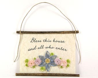 Bless This House, Paper Quilled Home Blessing Sign, 3D Quilled Banner, Blue Purple Pink Wall Decor, Housewarming Gift, Rustic Paper Art