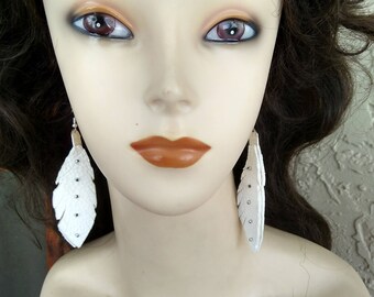 Native American White Deerskin Leather Feather Earrings With Purple Beads