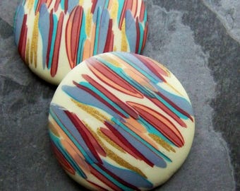Vintage Cabochon, Lucite Cabochon, Japanese, Rare, Striped, Handmade, Water Color, Decal, Unique, Round Cabochon, Flat Back, 35mm, 2 Pieces