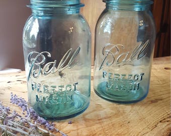 Lot of 2 Vintage Aqua Ball Perfect Mason Jars Quart Size