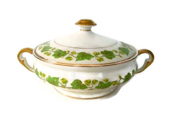 Vintage Pope Gosser China Serving Bowl with Lid American Ivy Pattern Discontinued Green Ivy 1920's Covered Vegetable Dish Serving Dish