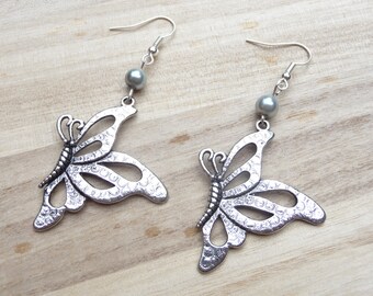 Butterfly earrings Kit DIY silver gray pearls