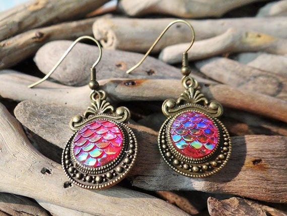 Red Mermaid Tail Little Scale Scales Dragon Dragons Iridescent Earrings Bronze Tone Mermaids Siren Ear Ring Rings