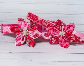Pink Floral Heart dog collar, Girl dog collar, Glitter dog collar, Flower dog collar, Female dog collar, Puppy/Small/Medium/Large dog collar