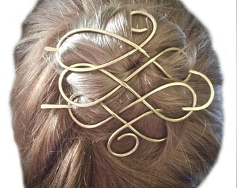 Celtic Hair Barrette Brass Hair Bun Holder Hair Clip Brass Hair Pin Gold Hair Fork Long Hair Holder, Gift Women