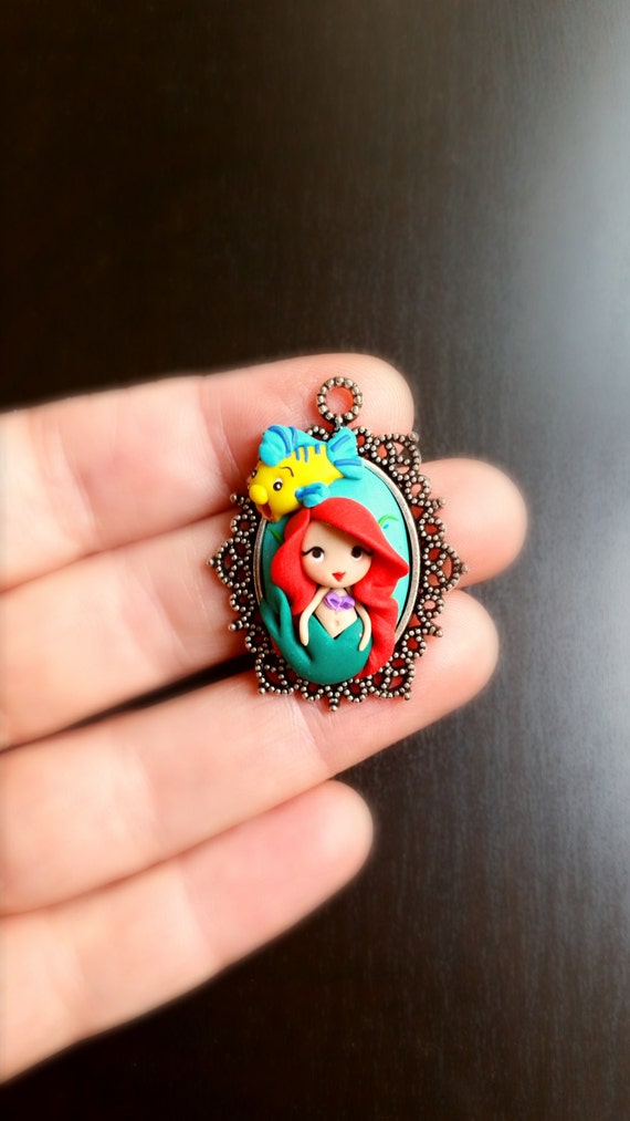 Ariel little mermaid and Flounder cameo necklace . Ariel