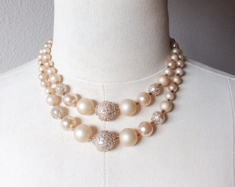 Vintage Multistrand Sugar Bead Necklace, Marked Japan Vintage Cream Jewelry Necklace