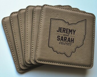 Personalized Leather Coaster Set, Customized Coasters, Personzlized Engraved Gift, House Warming Gift, Couples Gift Idea, Wedding Gift