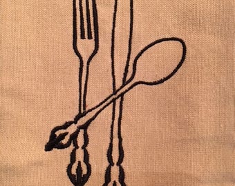 Tan and Black Kitchen Towel with Fork, Knife & Spoon