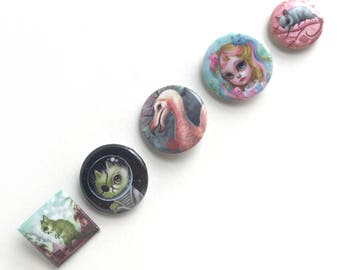 Cuties and Creatures Pack Pin Set - Pin Back Buttons - pop surrealism pin - 5 pin-back buttons by Mab Graves