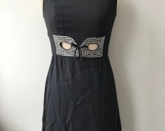 Black Collared A-Line Dress, Black Mini Dress, Vintage Dress, Embellished Dress