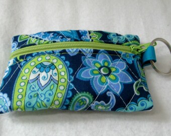 Quilted Coin Purse - Paisley Change Purse - Small Zippered Pouch - Teal Lime