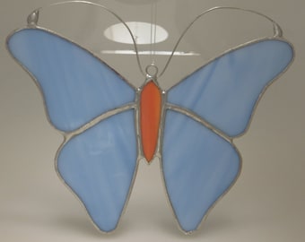 Stained Glass Butterfly Suncatcher Blue Amber - Made to Order (SUN005)