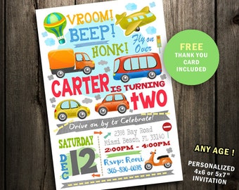 Transportation Birthday Invitation Printable party Invite Airplane Cars Train Trucks First 1st plane boy digital file instant download card
