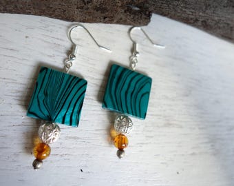 Turquoise and amber shell earrings