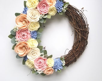 Front Door Wreath - Felt Flower Wreath - Grapevine Wreath - 14 Inch Wreath - Spring Wreath - Summer Wreath - Modern Wreath - Floral Wreath