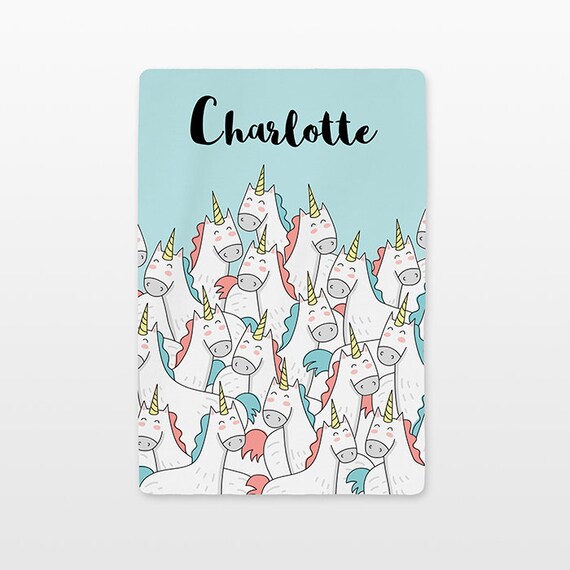 Unicorn Baby Blanket Personalized Name Custom Unisex Baby Girl Baby Boy Kids Minky Fleece Unique Newborn Gift Idea Cute Pastel Aqua Blue