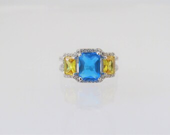 Vintage Sterling Silver Blue Topaz, Citrine & White Topaz Ring Size 7