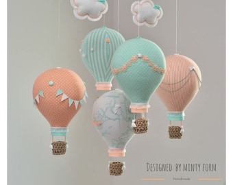 Mint Peach White Hot Air Balloon Mobile Travel Theme Nursery Decor Custom Mobile World Map