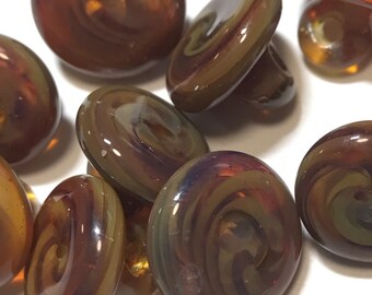 Earthen Amber spiral borosilicate glass button. 12-14mm