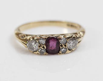 9ct Gold Diamond and Ruby Antique Ladies Ring Size UK I US 4.50