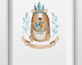 Woodland animal bear nursery print