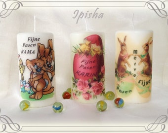Candle with the name of the owner, congratulations for Easter.