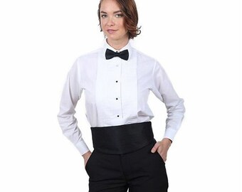 Women Laydown Collar 1/4 in. Pleat White Tuxedo Shirt