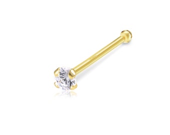 14K Solid Yellow Gold Cubic Zirconia Round Nose Stud Ring Bone 20g 1-2mm - Body Piercing Jewelry