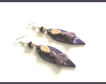 Earrings leaves leather "Purple leaf"