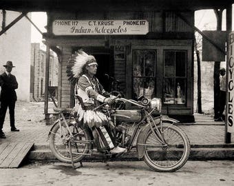 Vintage photo Indian motorcycle native american chief gift for biker motorcycle lover enthusiast antique photography print 1920s