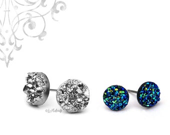 Faux Drusy Glitter Stud Earrings, 8mm Blue Black and 10mm Silver Metallic Resin Druzies, Two Pair Set - Stainless Steel or Titanium Posts