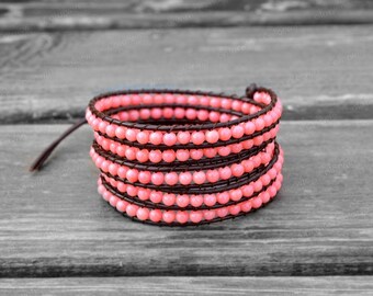 Pink Leather Bracelet Beaded Bracelet Leather Wrap Bracelet 4mm Beaded Bracelet Bridesmaid Bracelet Girlfriend Gift
