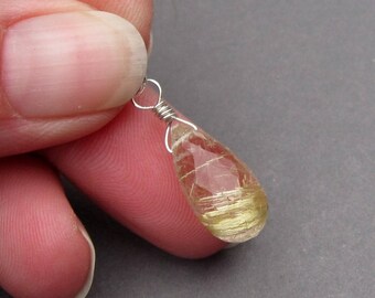 Gold Rutilated Quartz Pendant Charm, Gold Rutile Sterling Silver Wire Wrapped Dangle, Interchangeable Jewelry Pendant, Stone 84