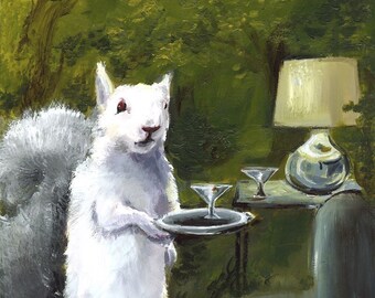 Squirrel Art, squirrel print, Albino Squirrel Art, squirrel with martini
