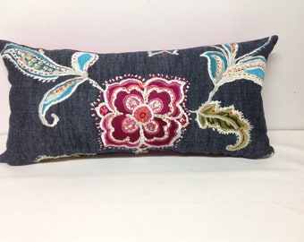 Decorative Pillow, Kidney Pillow Cover, Lumbar Pillow, Denim Pillows, Velvet, Hot Pink, Bedding, Embroider, Farmhouse, Whimsical Pillow