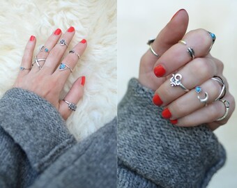 7 Retro Stacked Boho Silver & Turquoise Blue Gem Rings Set
