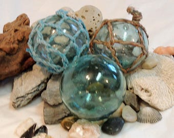 3 Unique Vintage Japanese GLASS FISHING FLOATS.. 2 With Original Nets, 2 With Rare Maker's Marks (#24)