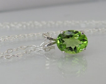 Peridot Pendant in Sterling Silver, Peridot Necklace, 9x7mm Peridot Gemstone, August Birthstone, Bride Necklace, Wedding Jewelry