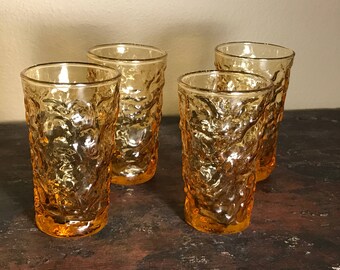 Vintage Amber Anchor Hocking Lido Milano Juice Glasses, Honey Amber Lido Milano Juice Glasses, 1970's Retro Textured Amber Drinking Glasses