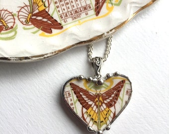 Broken china jewelry, heart pendant necklace, antique 1915 Art Nouveau, butterfly luna moth, Dishfunctional Designs, upcycled recycled china