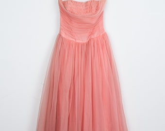 Vintage Pink Tulle Party Dress with Pearl Detail