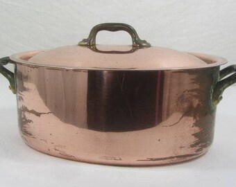 2mm Copper casserole, French vintage copper faitout, 2.3kg heavy copper pan, tin lined, copper cocotte, French farmhouse chic.