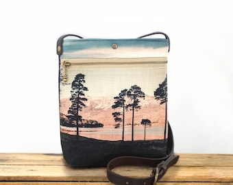 Pine trees shoulder bag, handbag pouch, cross-body purse, Loch Clair mountain landscape