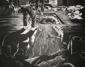 Antarctic Fishing woodcut print